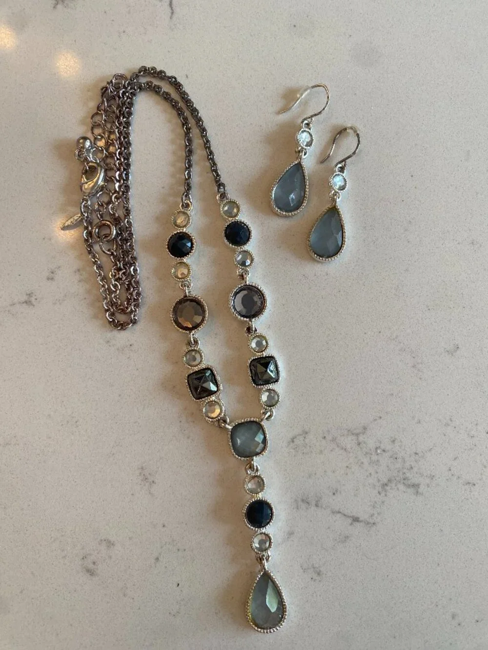 Avon Silver Tone Necklace Earrings Set Black Gray Faceted Crystal NIB